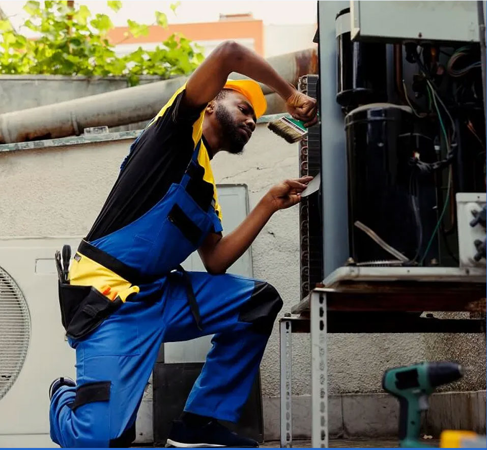 Berks HVAC technician repairing outdoor air conditioning unit for residential cooling system