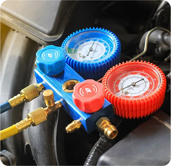 HVAC pressure gauge manifold used for air conditioning diagnostics and refrigerant testing