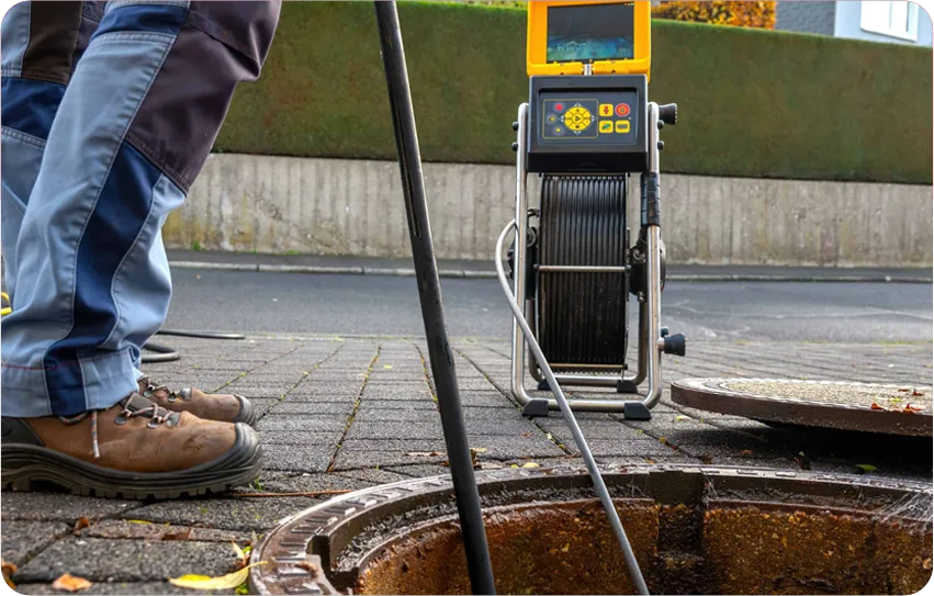 A high-tech sewer camera inspection being performed through an outdoor manhole.