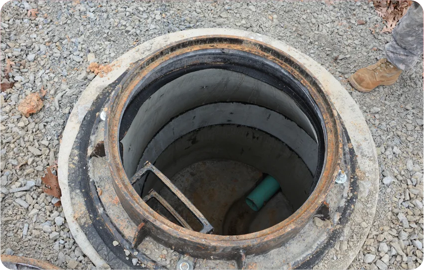 Underground sewer access chamber with concrete lining and pipe opening during plumbing inspection